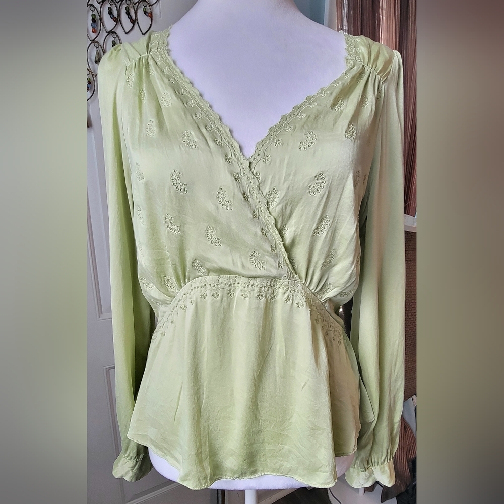 DÔEN Peplum Blouse Womens XS/S Spring Green Y2K Boho Long Sleeved Embroidered
